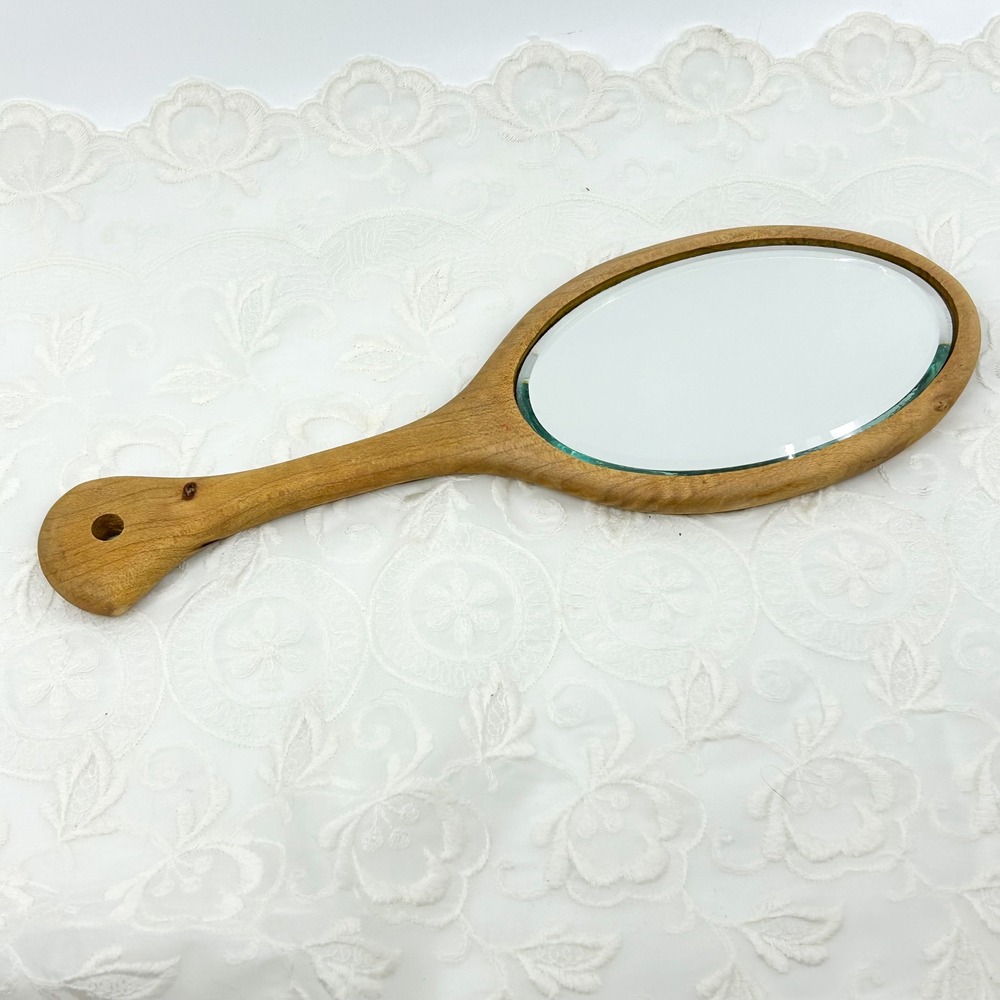 Vintage Handmade Wood Carved Hand Mirror Vanity Mirror - Boho Minimalist